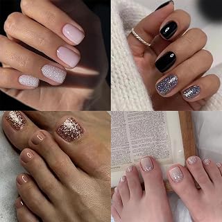 96 Pcs Short Press-on Nails with Glossy Glitter Designs in 4 Styles, Nude Solid Color, 12 Sizes, Full Cover Acrylic, DIY False Nails for Women
