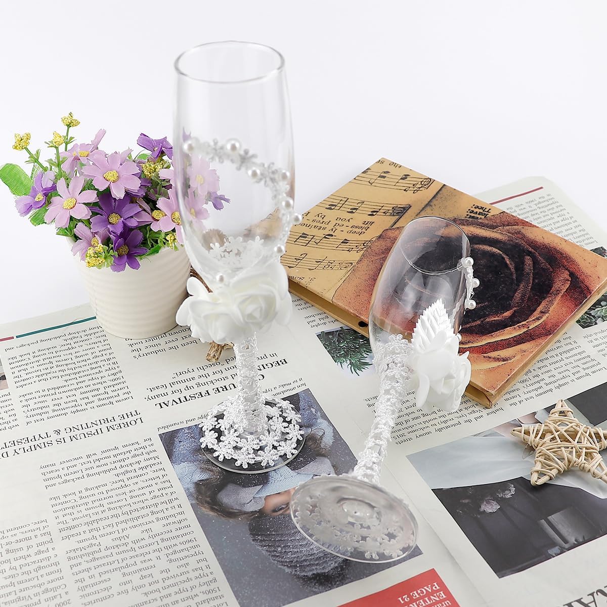 Set of 2 Wedding Champagne Glasses Bride and Groom Flutes Elegant Decorative Wine Glasses Premium Drinkware Sets for Parties Weddings Birthdays Anniversaries - Image 7