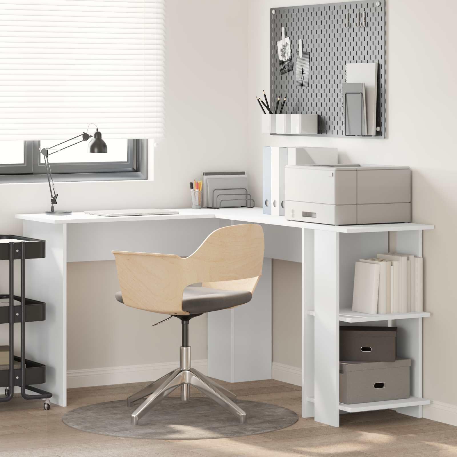 Scrivania ad angolo bianco in legno ingegnerizzato con ripiano e cassetto, tavolo per ufficio casa studio, postazione lavoro salvaspazio per computer e gaming