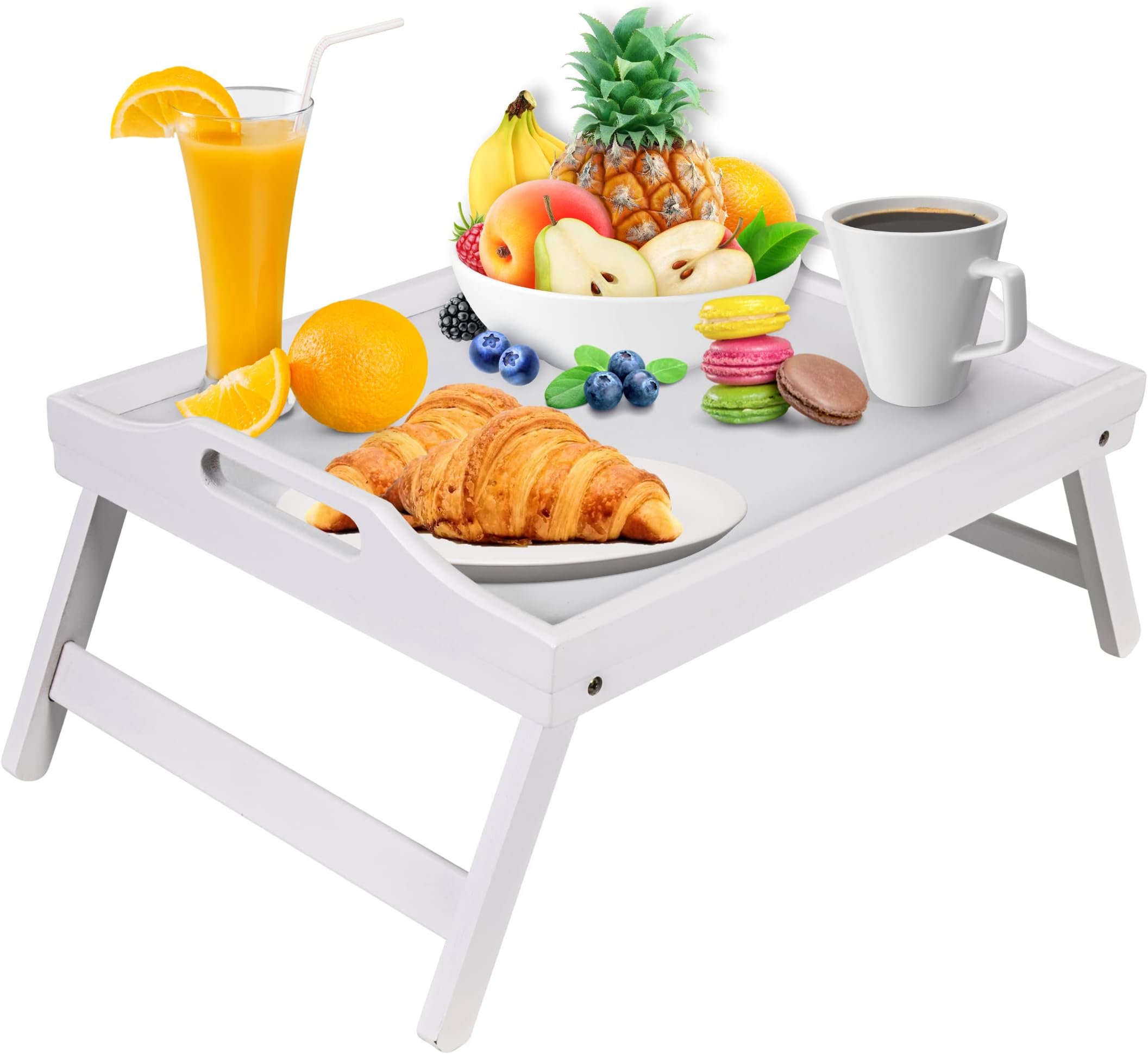 Mosii White Bamboo Bed Tray Table With Handles & Foldable Legs, Multipurpose Lap Desk & Standing Desk For Breakfast In Bed, Sofa, Eating, Platters, Working, Serving, Drawing, Laptop Stand & Snack Tray