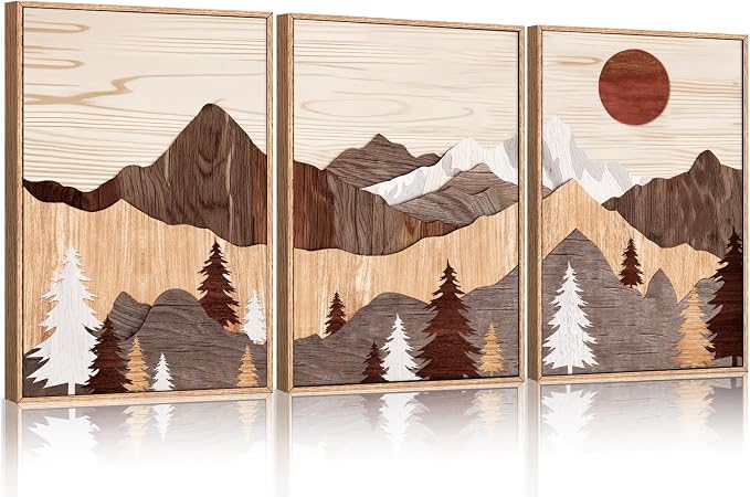HLNIUC Boho Woodcut Style Mountain Framed Wall Art Set, Modern Sun Pine Tree Canvas Wall Decor, Rustic Forest Wall Painting, Nature Wilderness Art Print for Living Room, Bedroom, Office - 24"x36"x3