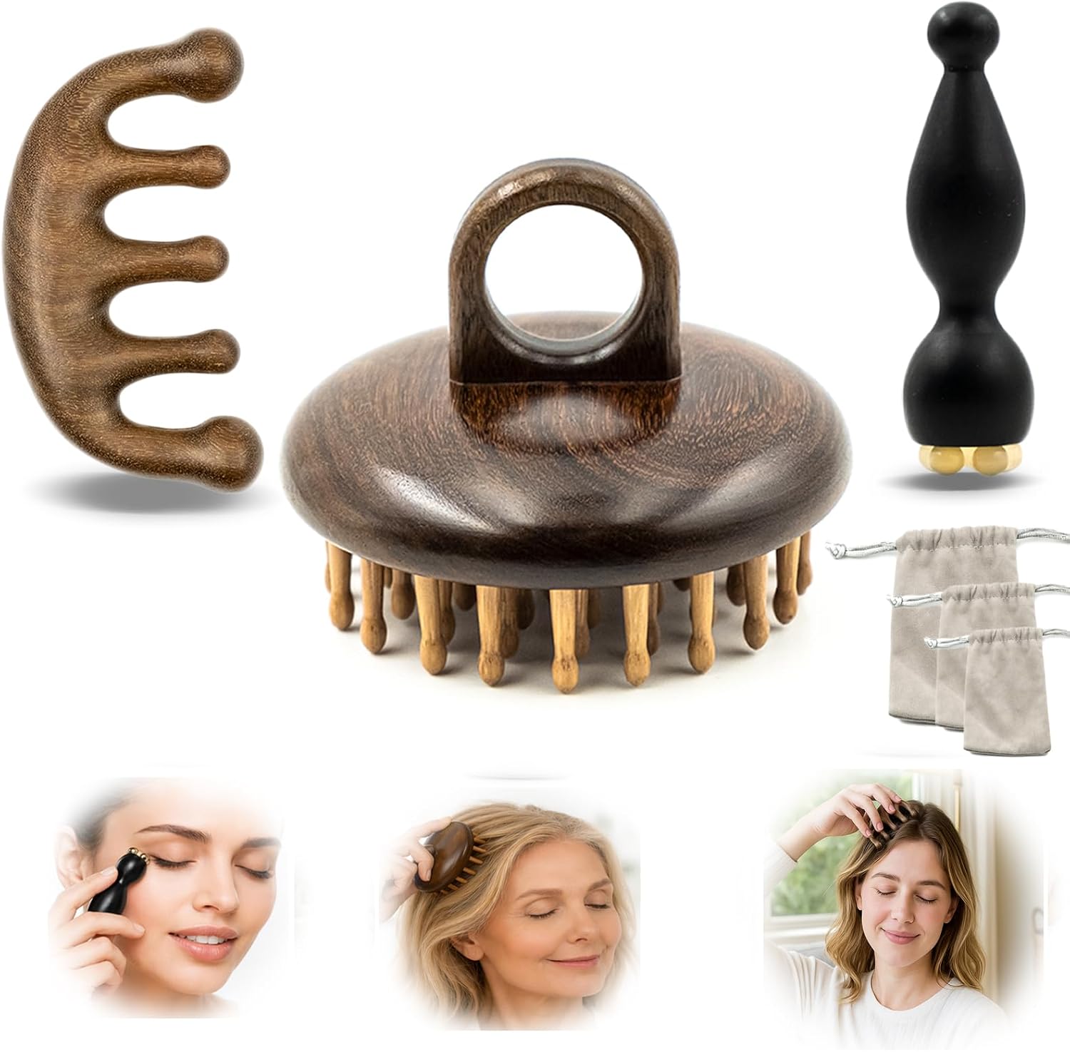3 Pack Wooden Scalp Massager, Sandalwood Manual Head Massager Comb for Hair Growth, Wooden Gua Sha Tool for Body&Face, Wood Massager for Eye
