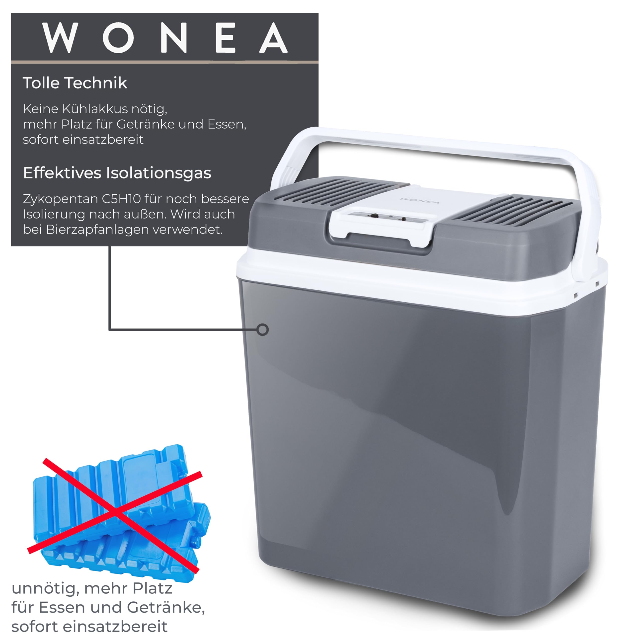 WONEA 24 Liter Thermoelektrische Kühlbox mit USB Anschluss für Powerbank, 12V 230V KÜHLEN und WÄRMEN, Leise Camping Kühlbox Auto LKW