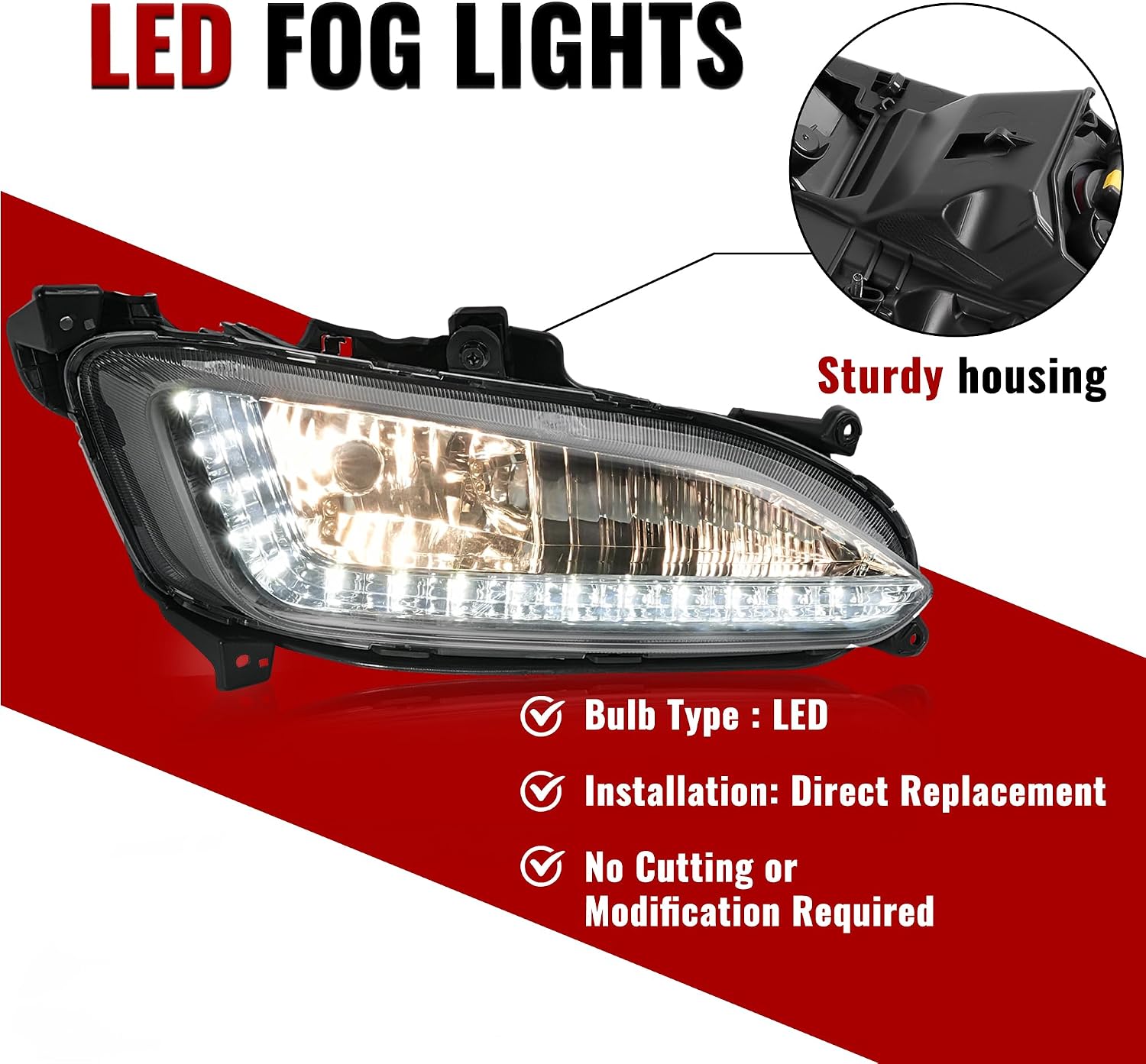 HECASA Pair Fog Light LED Compatible with 2013-2016 Hyundai Santa Fe Sport LED Front Bumper Driving Fog Lamp Clear Lens Plastic Driver & Passenger Side