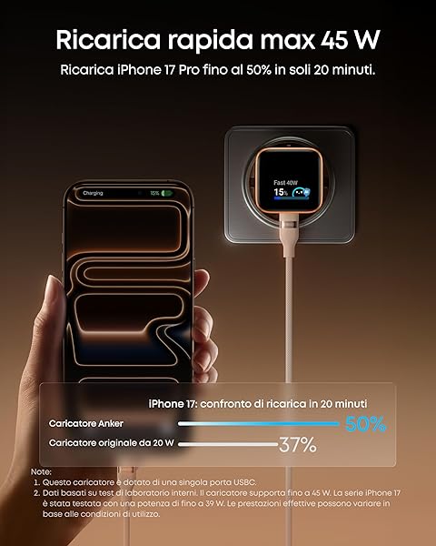 Anker Nano Caricatore iPhone da 45W con Smart Display, caricatore USB C, ricarica rapida, riconoscimento intelligente, modalità Care, design compatto, per iPhone 17/16/15, iPad, MacBook e Apple Watch - 3