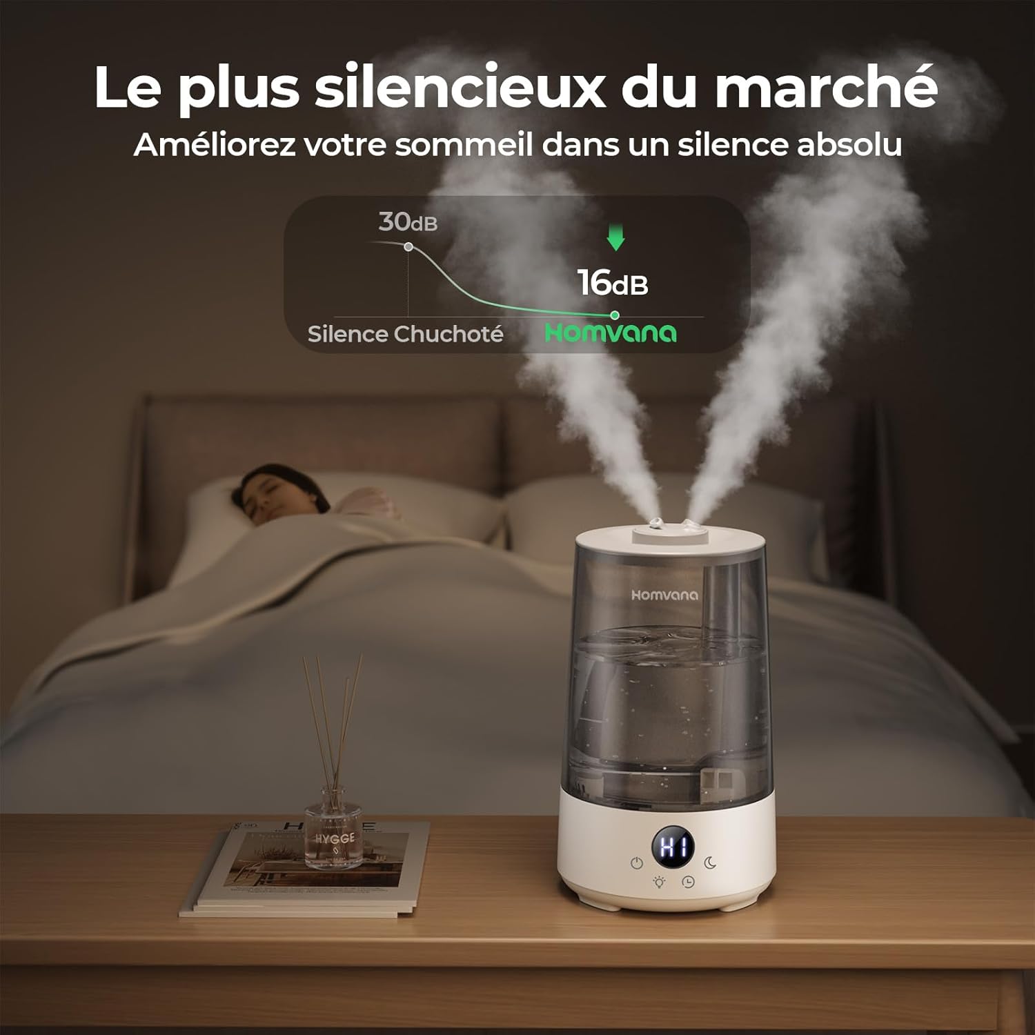 Homvana H101 Humidifier operating silently at 16dB in a bedroom setting
