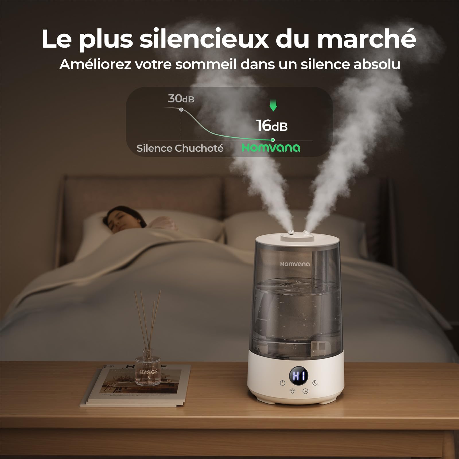 Homvana Humidificateur d'Air bébé, 3.6 L Cool Mist Top-Fill, 16dB Silencieux, 34H Durable Humidificateu Chambre, Plante, BPA Free Avec Plusieur Modes d'humidité, 7 Color Light, Diffuseur (Gris)