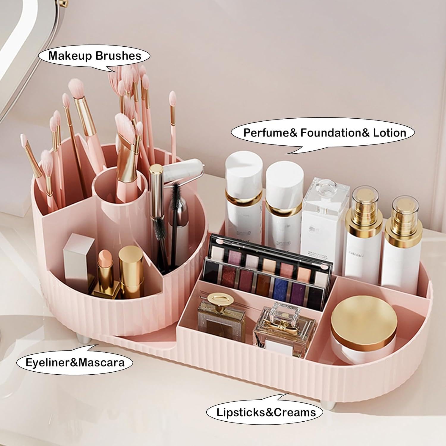 Organizer per trucchi girevole a 360° con porta pennelli, grande capacità, per cosmetici, piano di lavoro, camera da letto (rosa)