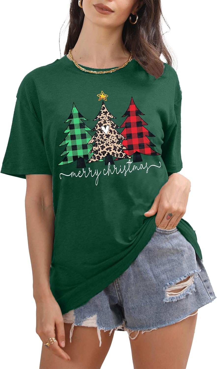 Christmas Tree Shirt for Women Merry Christmas Printed T-Shirts Short Sleeve Holiday Tee Xmas Gift Tops - Image 3