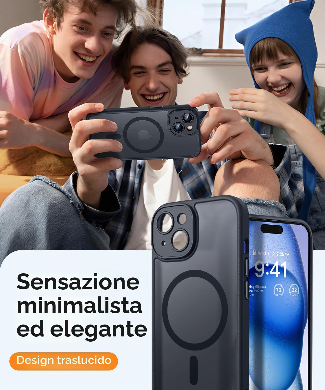 CANSHN Cover Magnetica per iPhone 15, Compatibile con MagSafe, [Protezione Completa Della Fotocamera], Custodia Traslucida Opaca Protettiva Sottile Antiurto 6,1 Pollici - Nero