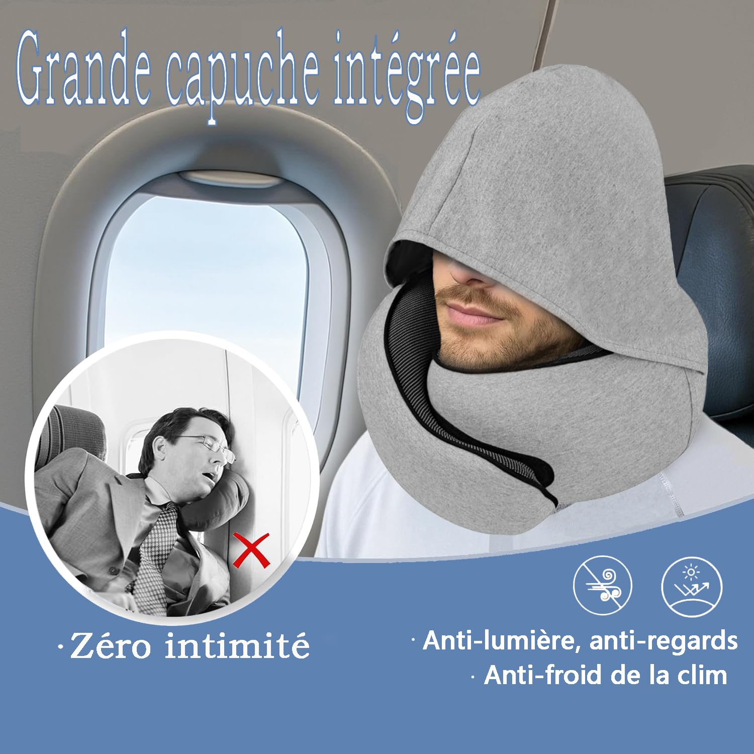 Oreiller de Voyage, Coussin de Nuque pour Avion avec Capuche, Support en Mousse à mémoire de Forme à 360 °, Housse Lavable pour Voiture, Train et Bureau (Gris)