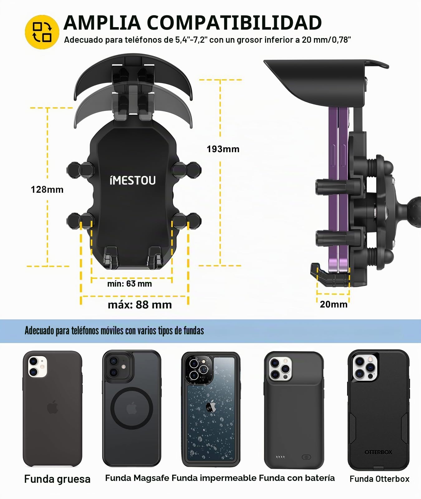 iMESTOU Soporte Antivibración para Teléfono Móvil de Motocicleta con Base Esférica de 2,5 cm Adecuado para Manillares de 12 a 32 mm, Ampliamente Compatible con Smartphones de 5,4 a 7,0 Pulgadas