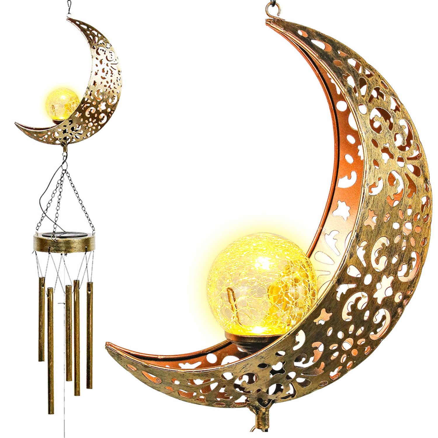 Taylor & Brown Wind Chimes Solar Lights - Powered LED Moon Sun Night lights outdoor Garden Waterproof Metal Windbell Chime Light Lamp for Patio Deck Lawns Yard Patio (Moon)