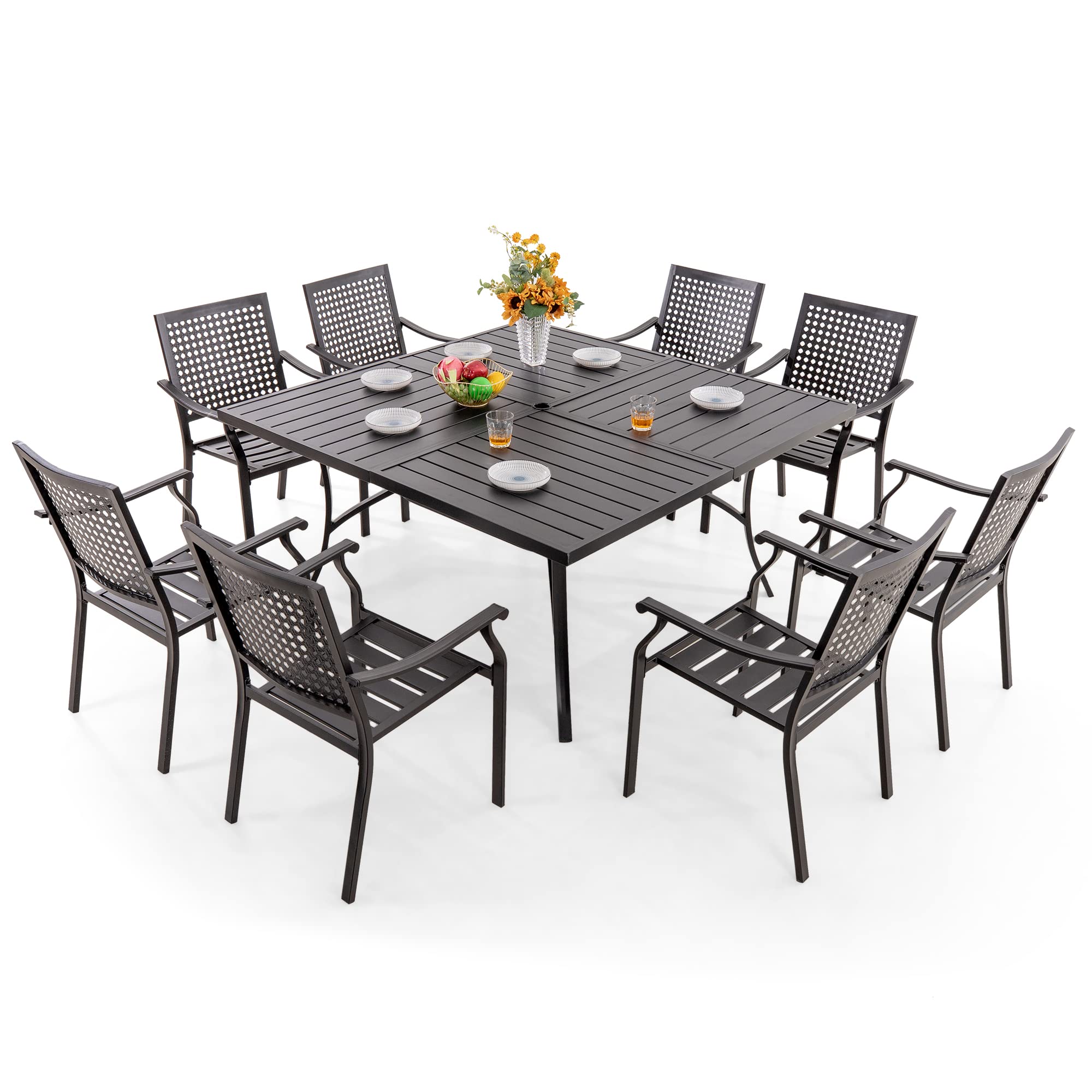 PHI VILLA 9 Pieces Patio Dining Table Set for 8, 60” Square Metal Wrought Iron Dining Table & Stackable Dining Chairs, Large Dining Furniture Set for Outdoor Deck, Yard, Porch