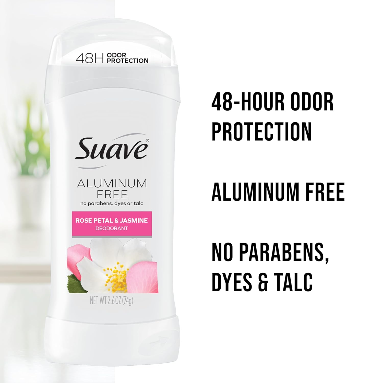 Suave Aluminum Free Deodorant for Women, Rose Petal and Jasmine, 48-Hour Odor Protection, Free of Talc, Parabens & Dyes 2.6 oz (Pack of 12)