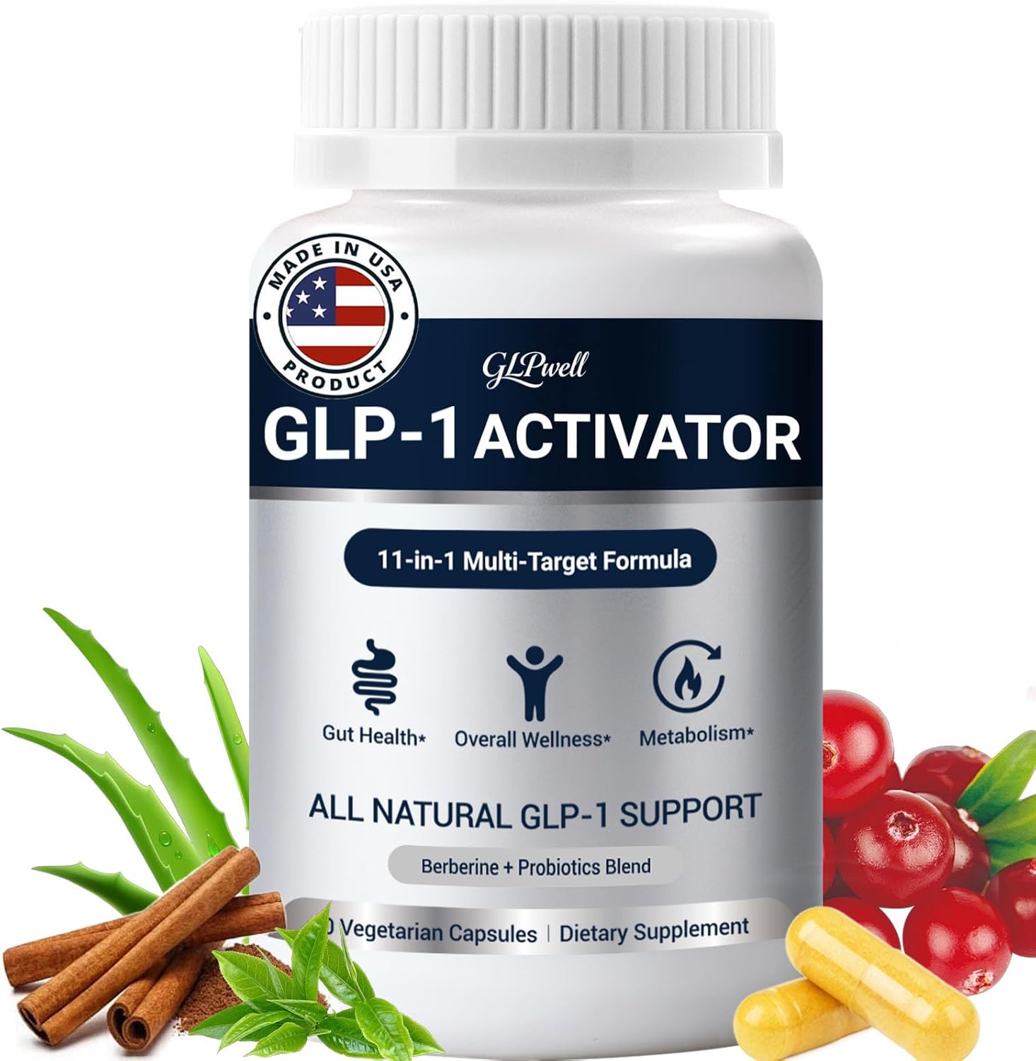 GLP-1 Activate Supplement for Gut Health, Energy & Weight Loss - 11-in-1 Complex with Berberine, Probiotics & Apple Cider Vinegar - Vegan Non-GMO Formula for Women and Men - 60 Capsules