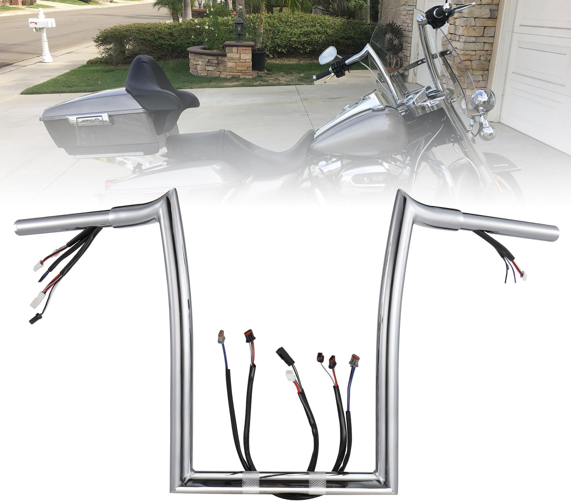 PRE-WIRED 14" Rise Ape Hangers 1 1/4" Fat Softail Mercenary Handlebars Kit for 2018-Up Harley Breakout & 2018-Up Fatboy & 2017-later Road King Special （Chrome）