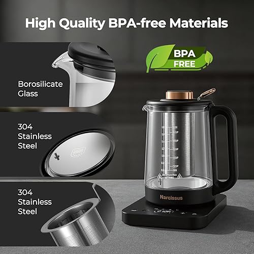 Miniatura 7 de Narcissus Hervidor Eléctrico con Control de Temperatura ±5℉, Hervidor de Té Eléctrico de Vidrio de 1.8L con Infusor Extraíble para Flores y Té de