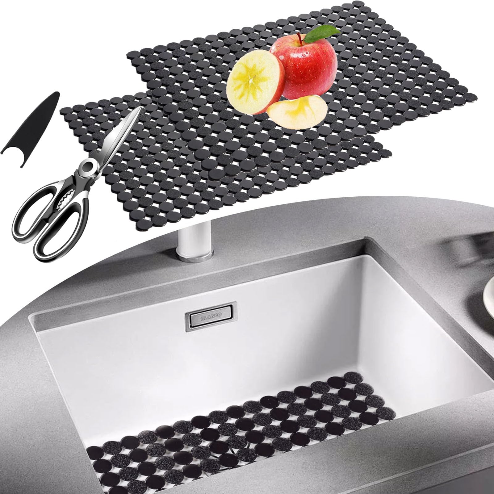 Lot De 2 Tapis Évier Cuisine Silicone Découpable 30x40cm Avec Ciseaux - Protection Antidérapante Noir