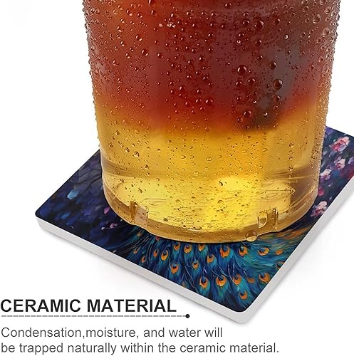 Miniatura 4 de Square-4 posavasos de cerámica de pavo real, posavasos cuadrados absorbentes para bebidas, estilo vintage de acuarela floral, hermosos posavasos de