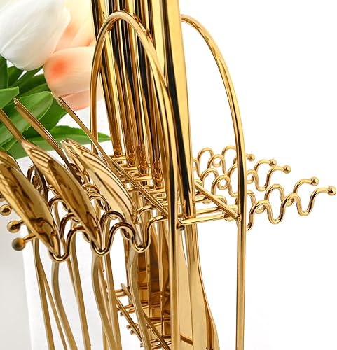 Miniatura 5 de Juego de cubiertos dorados de 24 piezas, cubiertos de acero inoxidable para colgar, incluye cuchillo, tenedor, cuchara, cucharadita y estante de