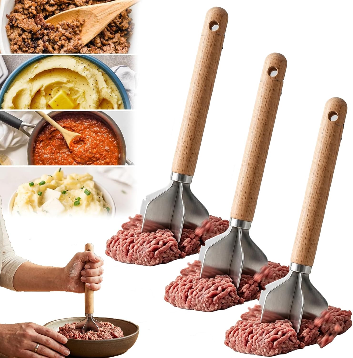 304 Stainless Steel Meat Chopper with Wooden Handle, 6-Blade Heavy Duty Ground Beef Masher with Hook up, Easy Clean, Heat Resistant Metal Kitchen Tool for Meat, Potatoes & Avocado (3pc)