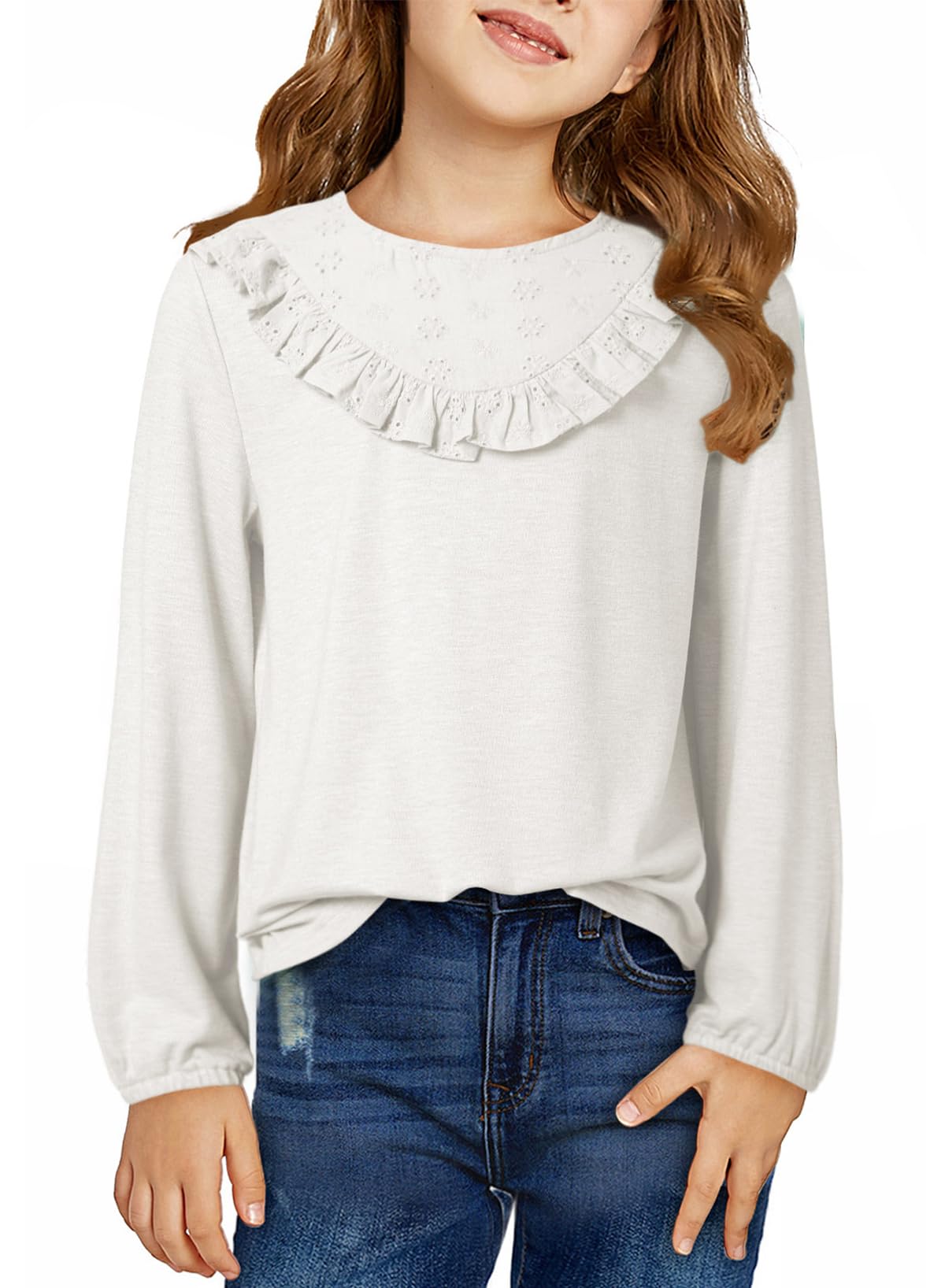 DOKOTOO KIDS Girls Cute Shirts Lace Embroidered Long Sleeve Tops 2025 Fall Fashion Knit Crewneck Blouses 6-13 Years