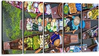 Large Canvas Print 5 Panels Art Wall Paintings Aerial view famous floating market in Thailand Damnoen Saduak Stretched Framed Poster Picture on Home Decor - Multi6, 12x32 inch x5 pcs