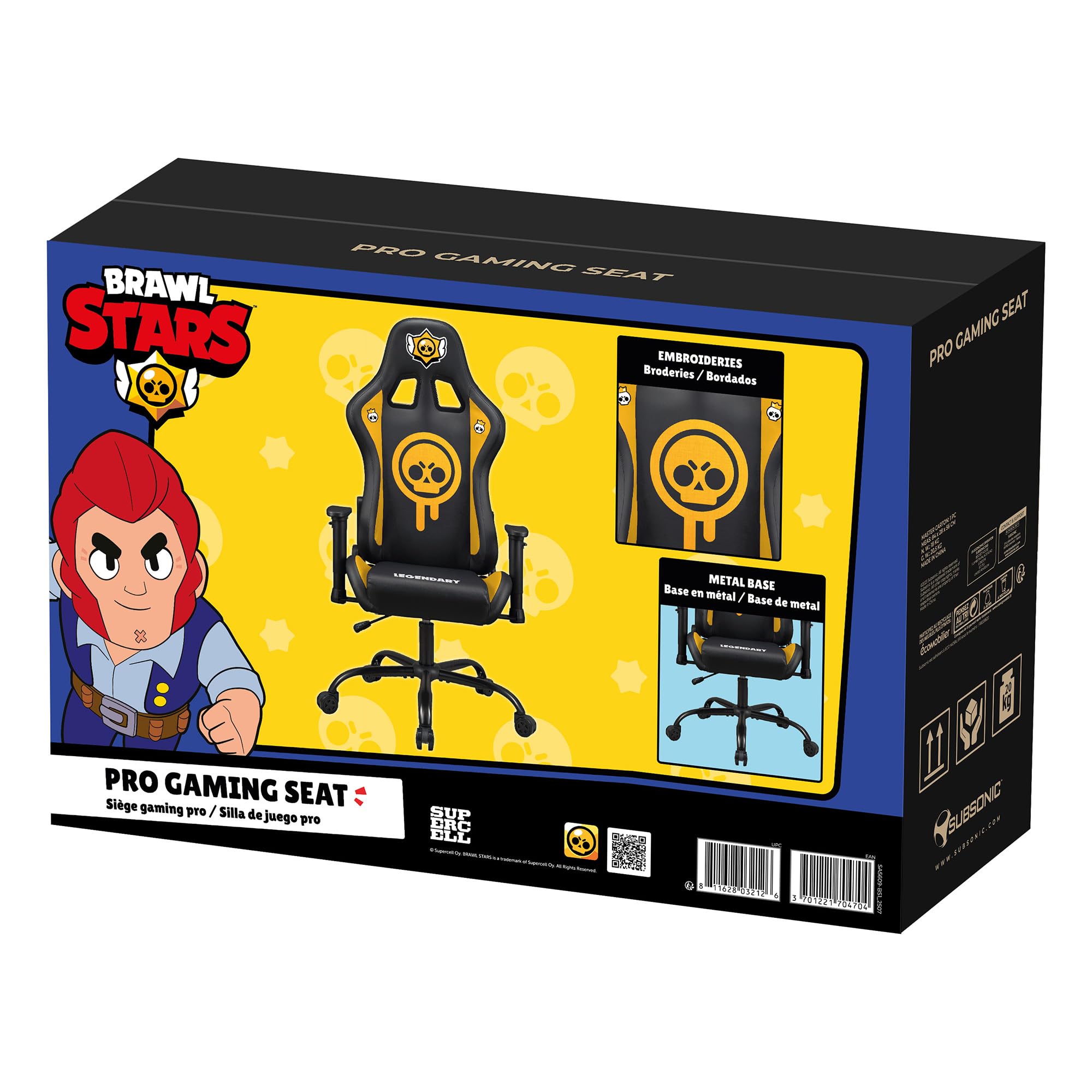 SUBSONIC Sedia Gaming Brawl Stars, Ergonomica da Ufficio, Nero, Similpelle, Braccioli 3D Regolabili, Altezza 46-56cm, Supporto Lombare, Carico Massimo 110kg
