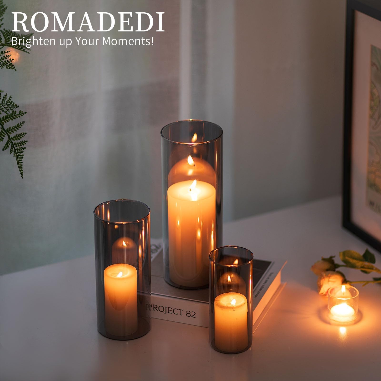 Romadedi Portavelas de cristal con cilindro de cristal: gris portavelas para velas de pilar, velas flotantes, jarrón de cristal, farolillos para salón, mesa de comedor, decoración del hogar
