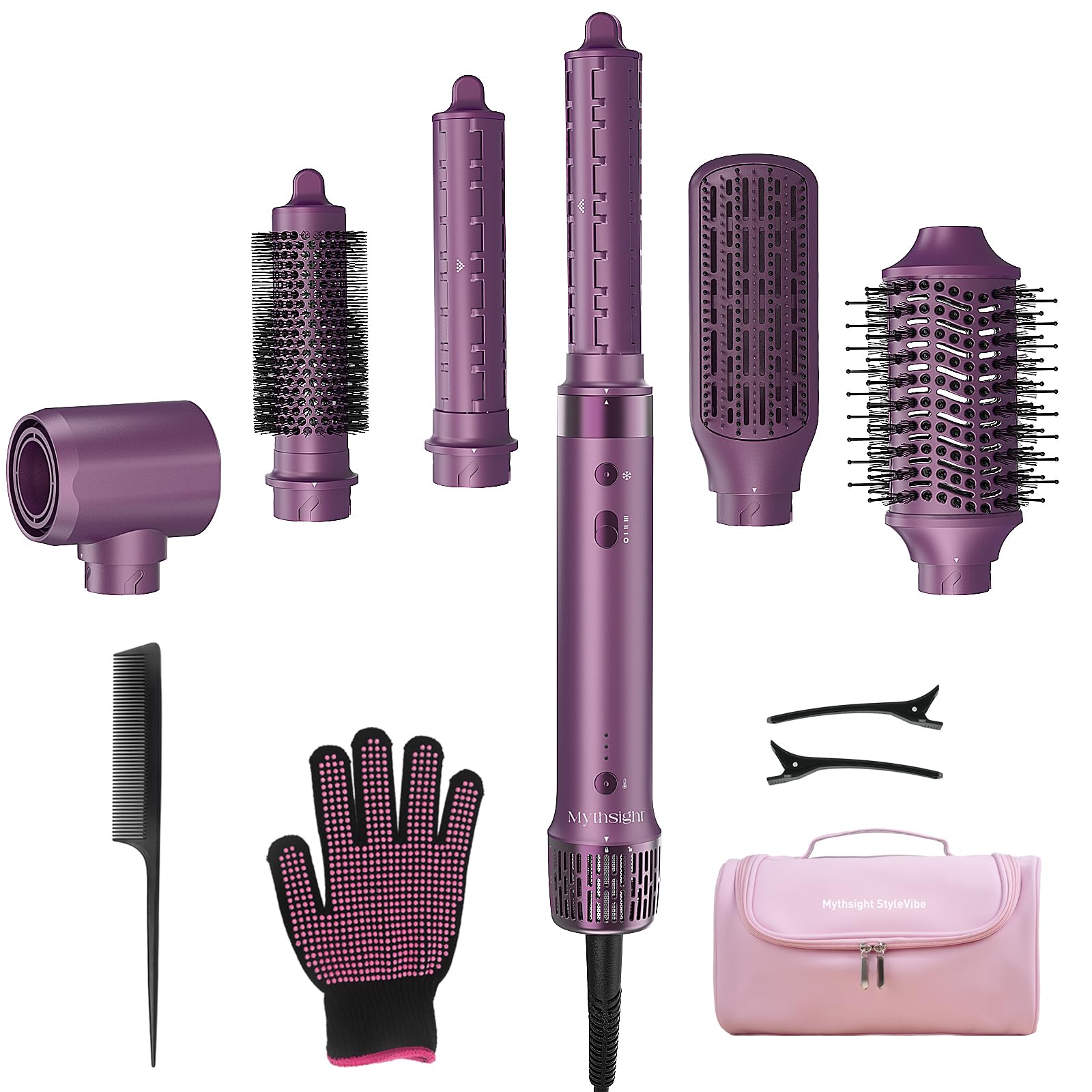 Mythsight StyleVibe 6-in-1 Hair Dryer & Blow Dryer Brush, Air Styler with Travel Bag, L/R Auto Wrap Curls, Fast Drying, Thermal Round Brush, Smooth Blowouts, Frizz-Free Volume, No Heat Damage