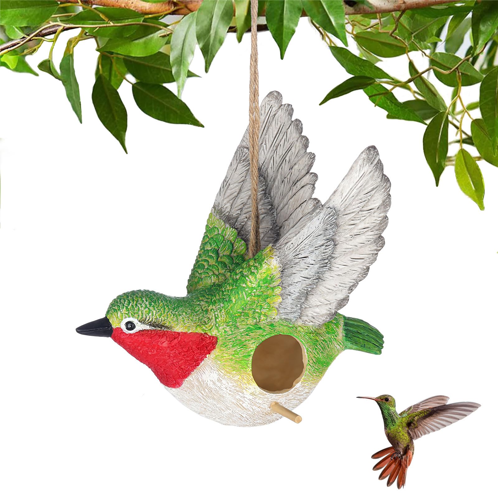 BAYN Bird House for Outside, Hanging Handcrafted Hummingbird Resin Outdoor birdhouses Humming Bird, Bluebird, Wren, Camper Hanging Houses nest cage