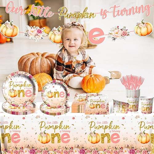 Miniatura 3 de Decoraciones de primer cumpleaños de calabaza pequeña para niña, 142 piezas, Our Little Pumpkin is Turning One, vajilla desechable de calabaza