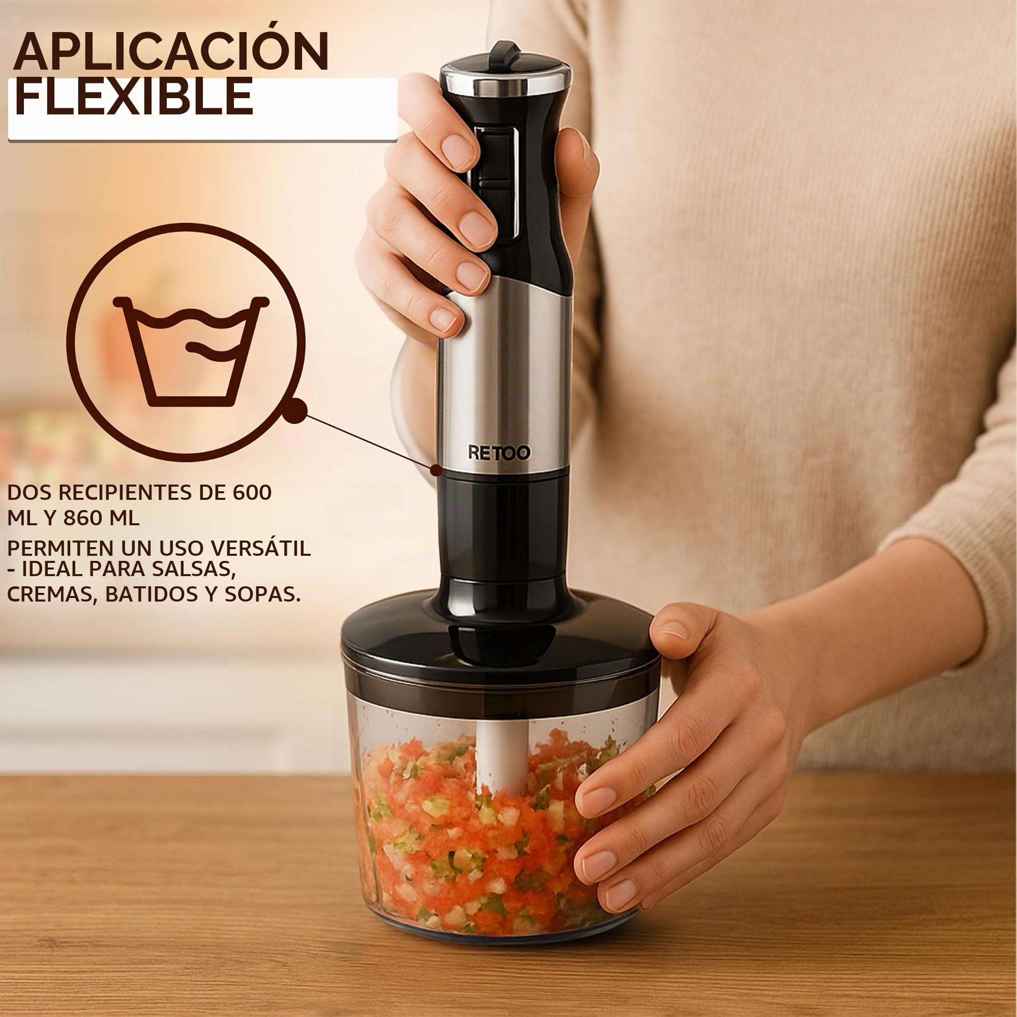 Retoo Juego de batidora de mano multifunción, 1200 W, 15000 rpm, turbo y 8 niveles de velocidad, cuello anti-salpicaduras