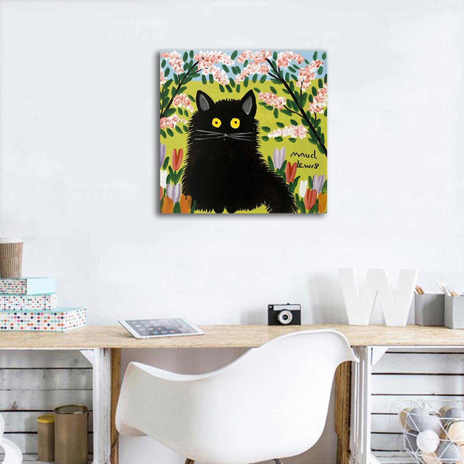 HEIMAO Berühmte Leinwandmalerei. Maudie Lewis Leinwandbilder. Weiße Katze Tier Bild Ölgemälde Reproduktion für Wohnzimmer Wohnkultur