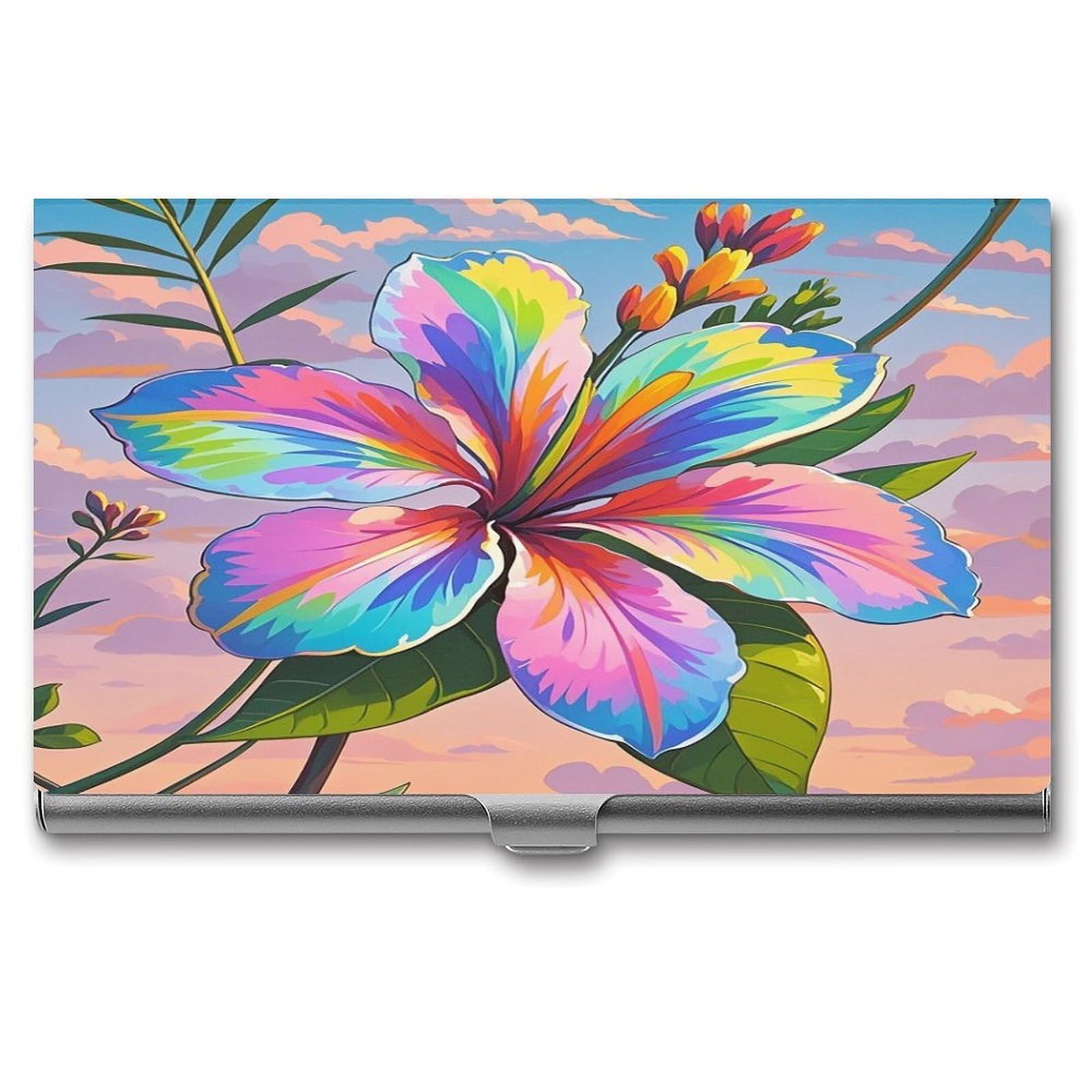 Fekiloot Men's Style Eye-Catching Hawaiian Flowers Business Card Holder Aluminum Alloy Business Card Case Convenient To Carry Business Card Dispenser For Wo