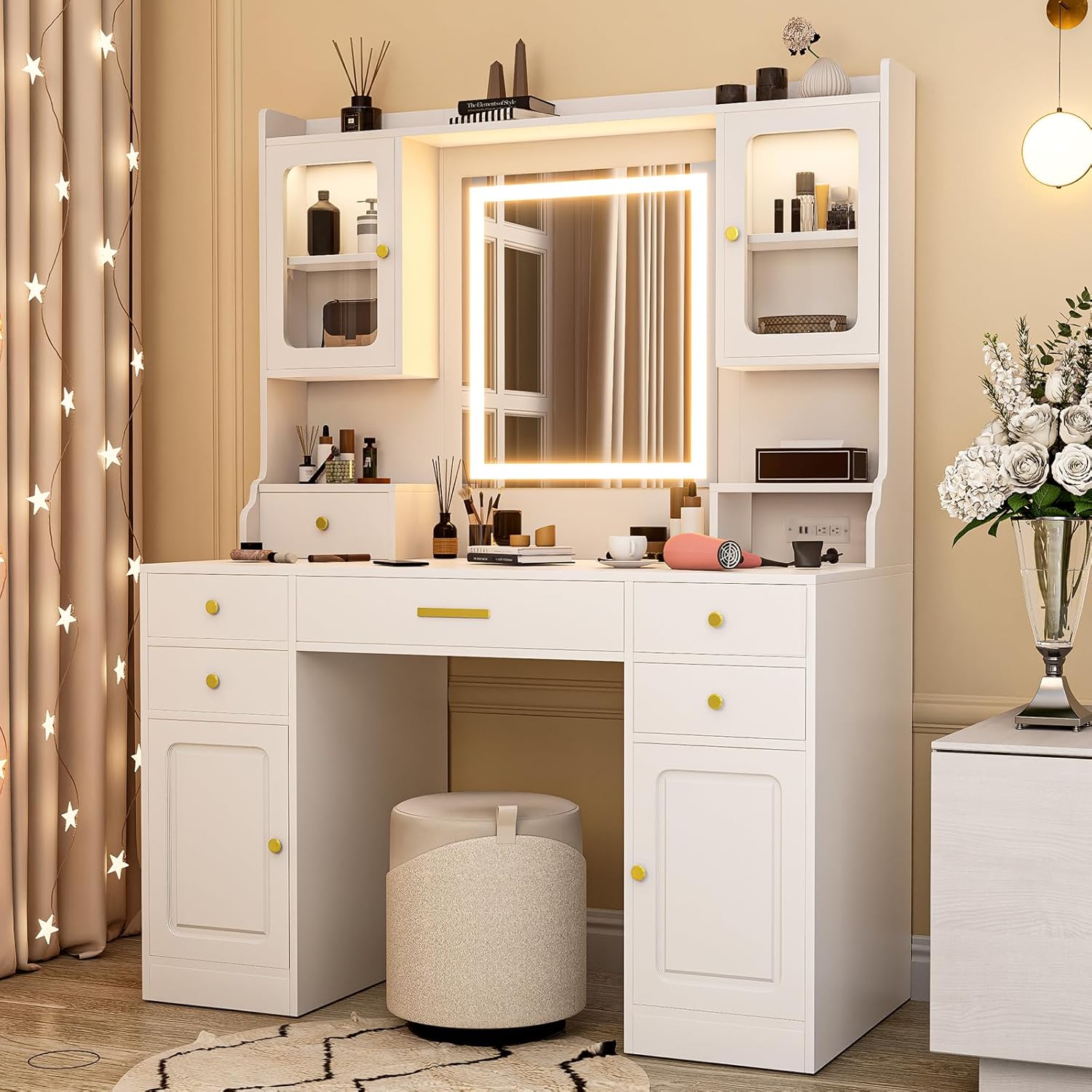 (incomplete) vanity desk with mirror and lights, 42in makeup table with 6 drawers and 2 cupboard storage, vanity makeup with power outlet | led light with 3 color modes | adjustable brightness | white american design
