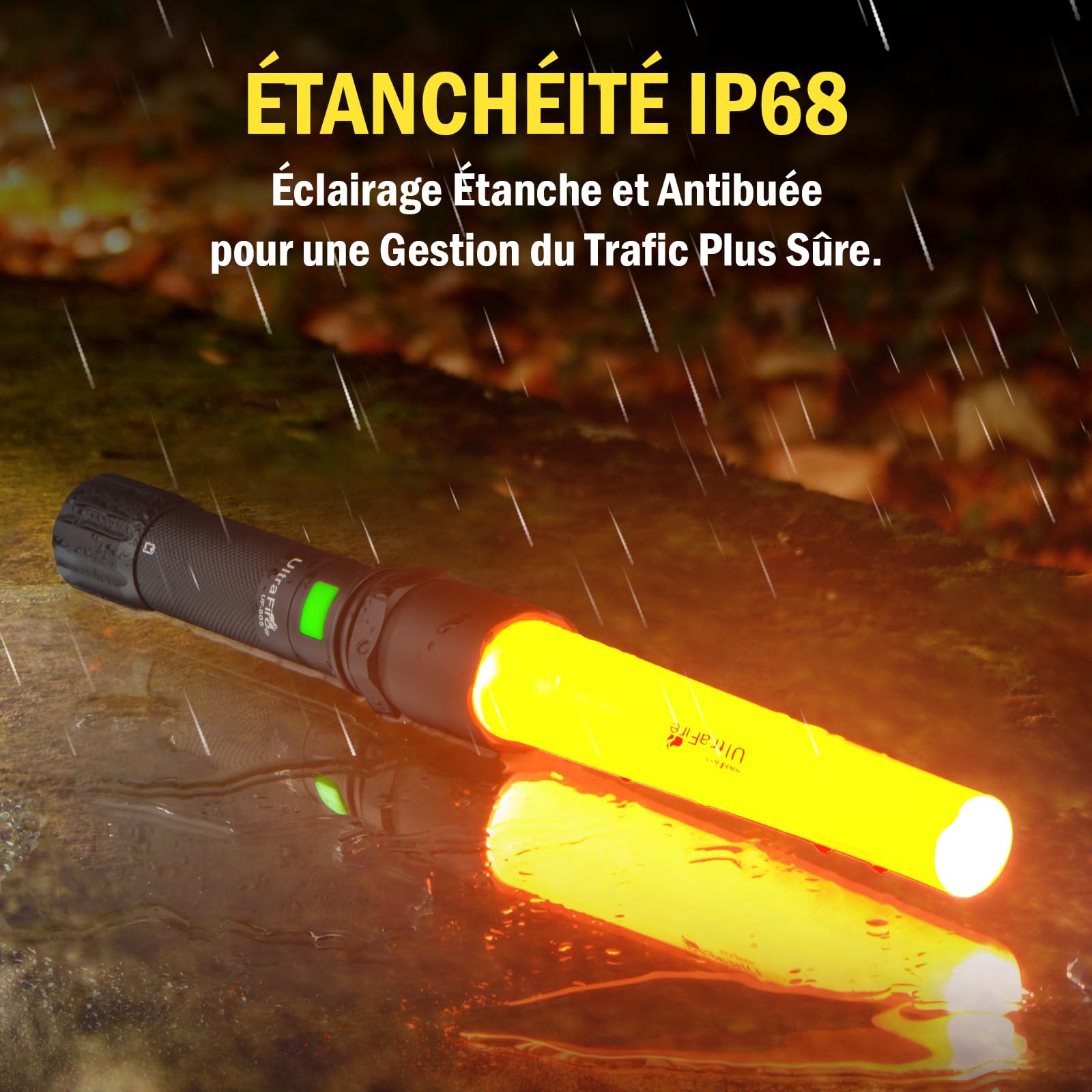 ULTRAFIRE Lampe torche LED rechargeable, 619 lumens, lumière de sécurité lumineuse, 3 modes avec mode clignotant rouge, bâton de signalisation pour avion, contrôle de la circulation, direction de