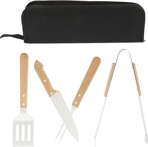 Miniatura 4 de Yardwe Juego de herramientas de parrilla de acero inoxidable con mango largo de madera, espátula, tenedor y utensilios de almacenamiento, bolsa de