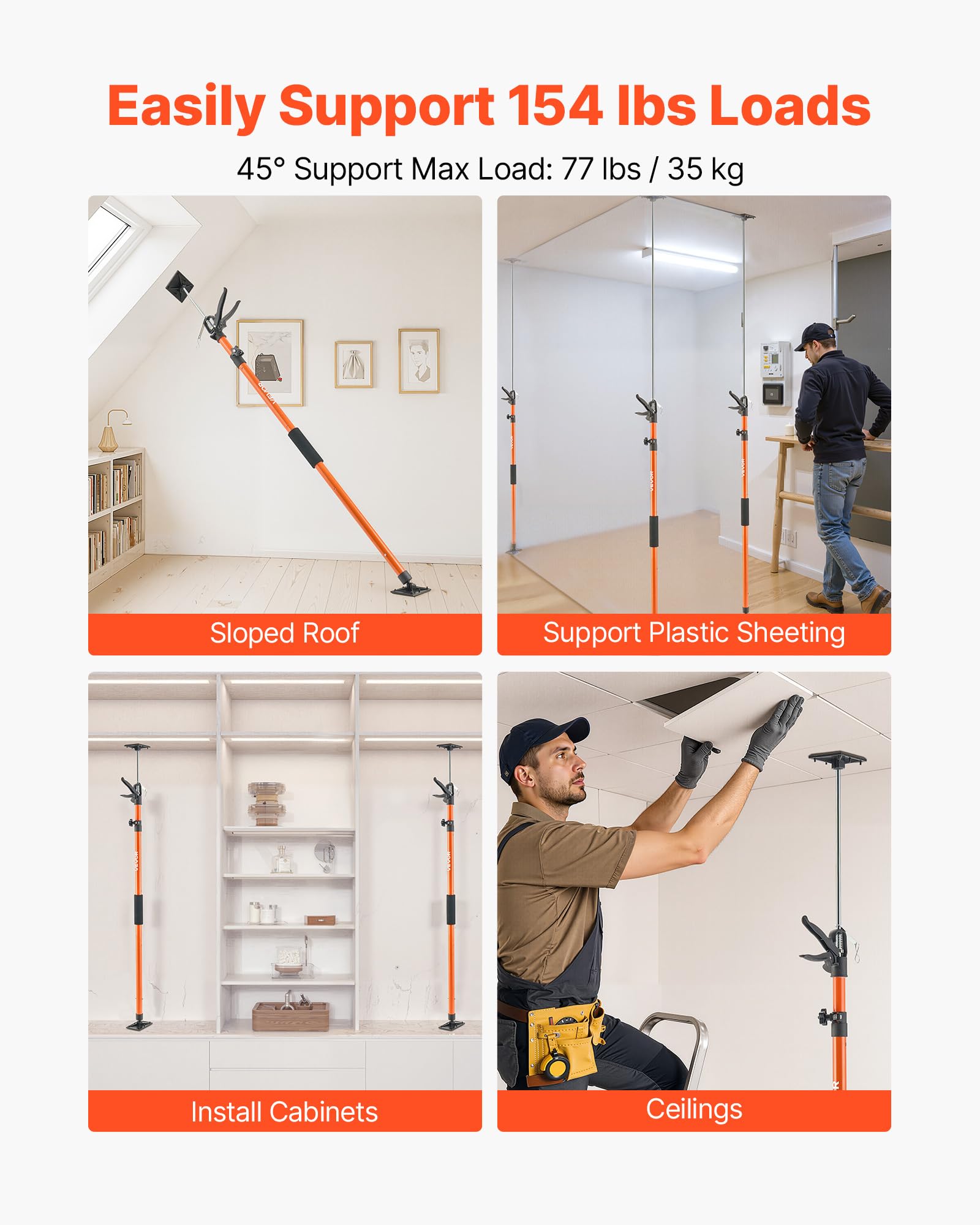 VEVOR Asta Supporto per Martinetto Installazione Armadietti, Confezione da 8, Asta di Supporto Telescopica Acciaio da 116-290 cm, Regolabile a 3 Capacità max. 70 kg per Sollevamento di Cartongesso