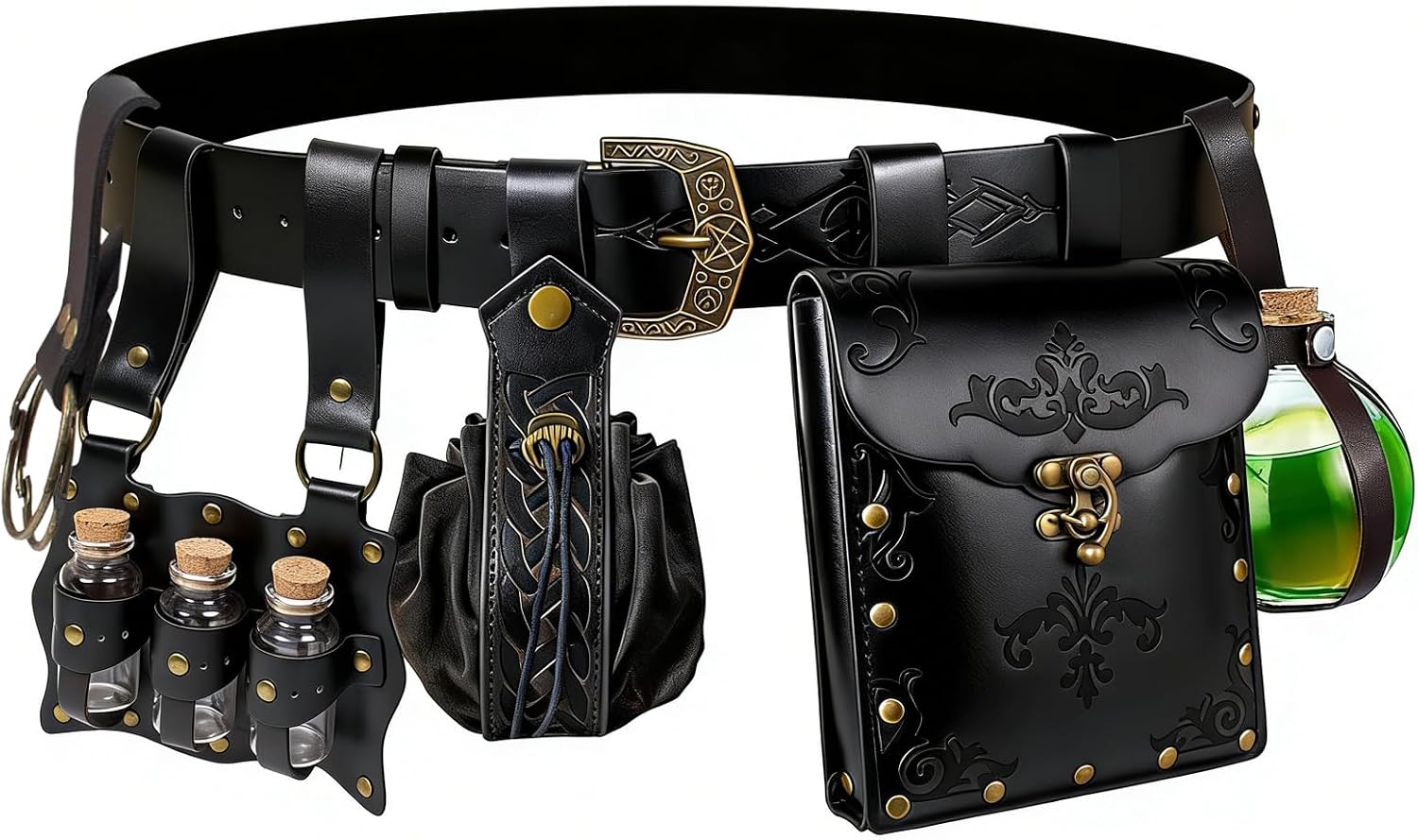 Renaissance Belt Pouch Coin Purse Witch Alchemist Potion Bottle Vilas Hook Set Medieval Pirate Festival Costume Accessories (Pattern-Black)