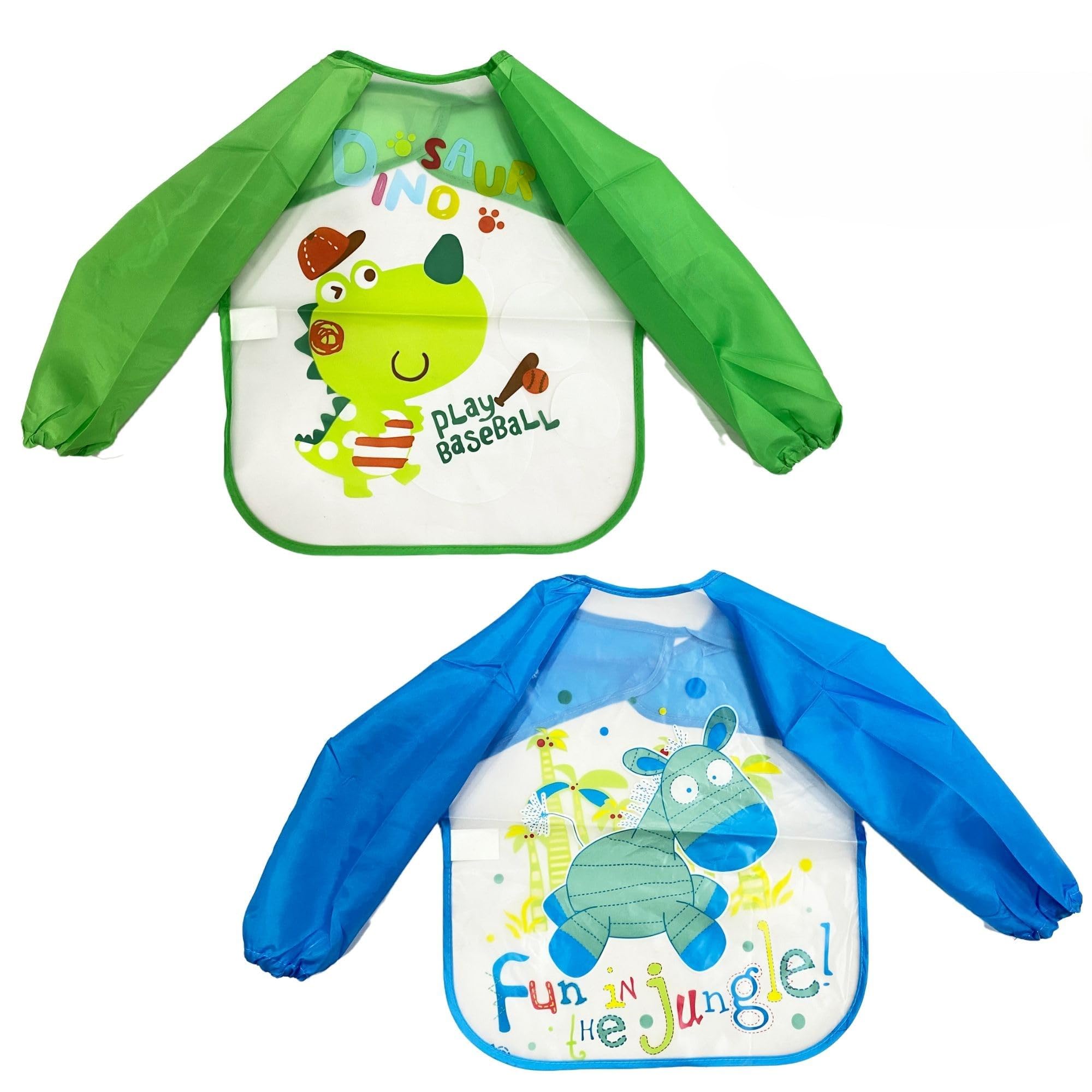 POLKA TOTS Waterproof Washable Full Sleeves Apron Feeding Bibs Combo Pack with Super Absorbent, Soft, Comfortable & Lightweight for Infants & Baby Toddlers(Pack of 2/Fun Jungle & Play Baseball Design)