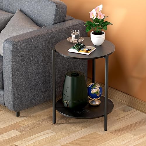 Miniatura 2 de Mesa auxiliar redonda, mesas auxiliares circulares de 2 niveles con almacenamiento de madera rústica, mesas auxiliares pequeñas, mesa auxiliar de
