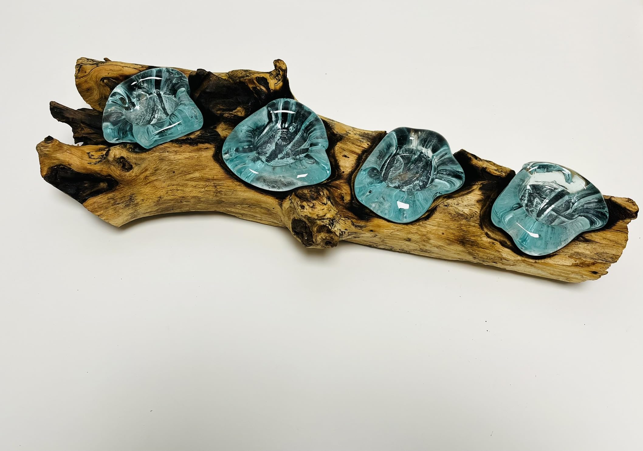 Molten Glass Candle Holder On Driftwood Base | Suitable for Tealights or Votives (4 Candle)