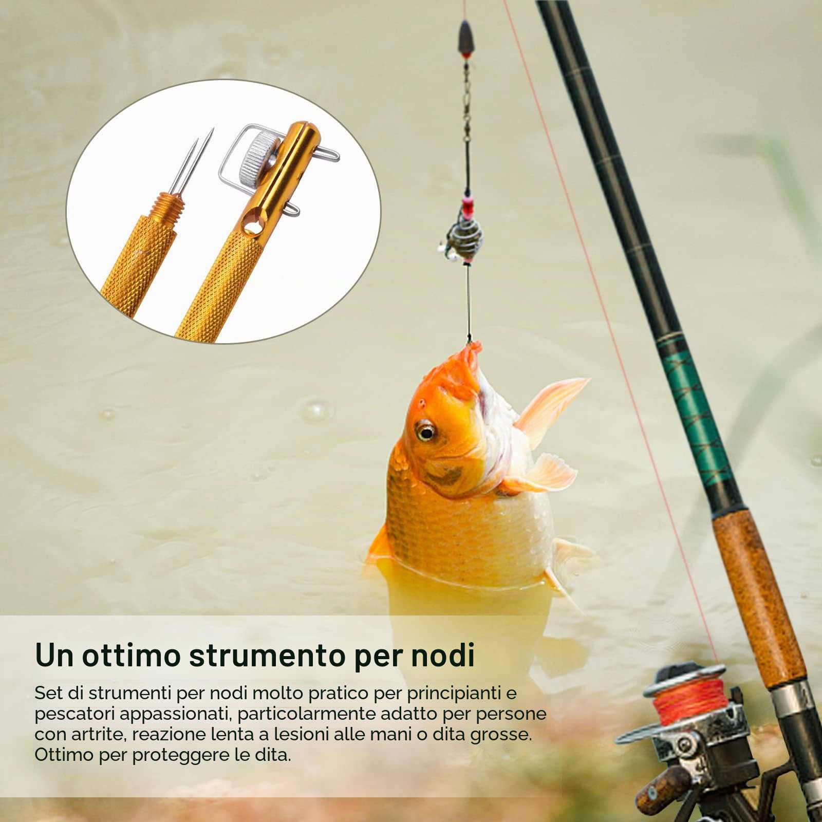 Realure 6 fascette per nodi da pesca, con affilatore a gancio, per pesca in mare, accessori da pesca (metallo, verde, giallo)