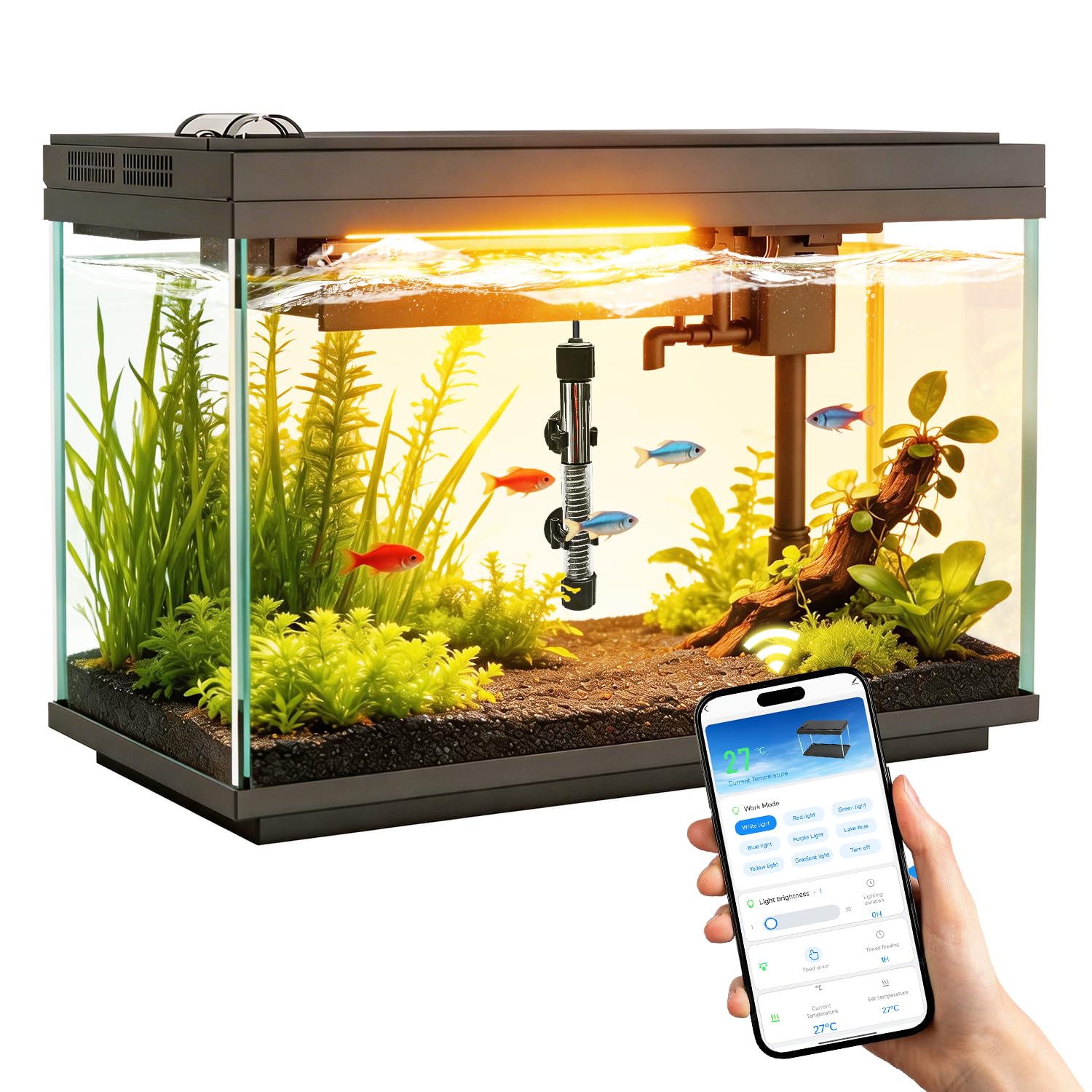 Smart Aquarium - Acquario in vetro da 5 galloni con pompa dell'acqua silenziosa, sistema di autopulizia, filtro efficienza, luci LED a 7 colori, display automatico della temperatura, vetro HD
