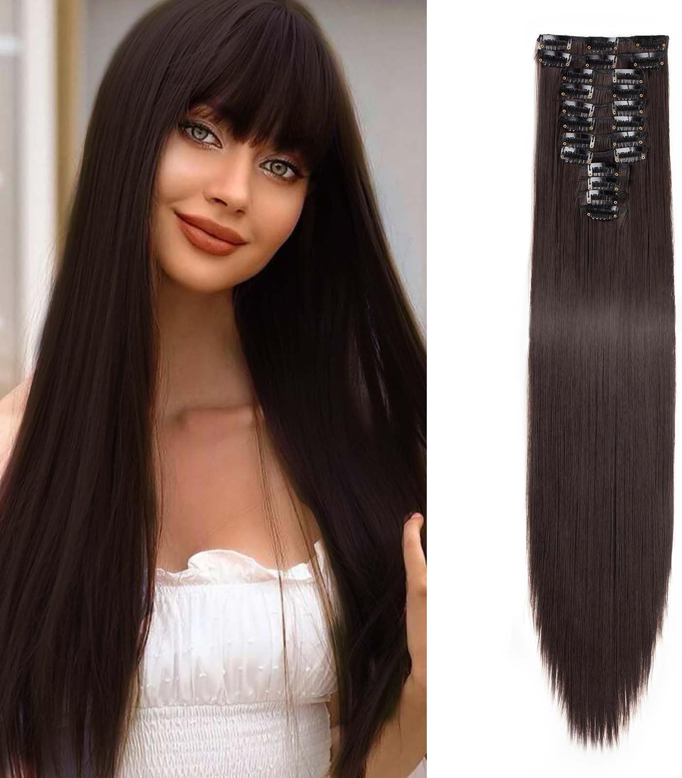 JIAMEISI Clip in Hair Extensions 22inch Long Straight Full Head 180g 12 Pieces Black Brown Soft Thick Synthetic Hair Extension Hairpiece for Women