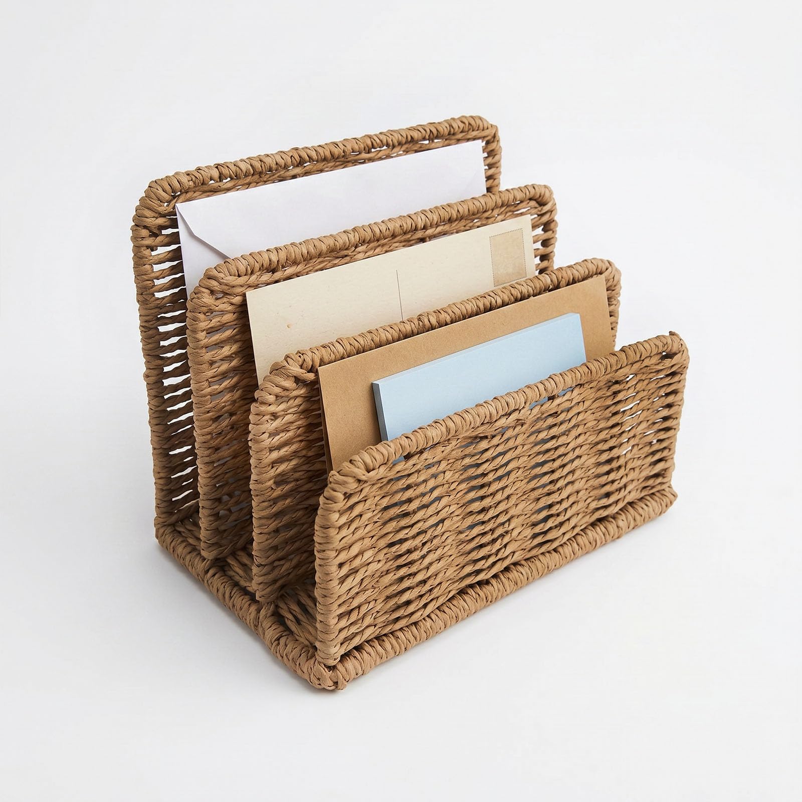 Raoletin Woven Letter Rack 4-Compartment Letter Organiser, Decorative Letter Holder Storage Organiser for the Home, Office, School, Desk File Magazine Racks for the Living Room Entryway Counter