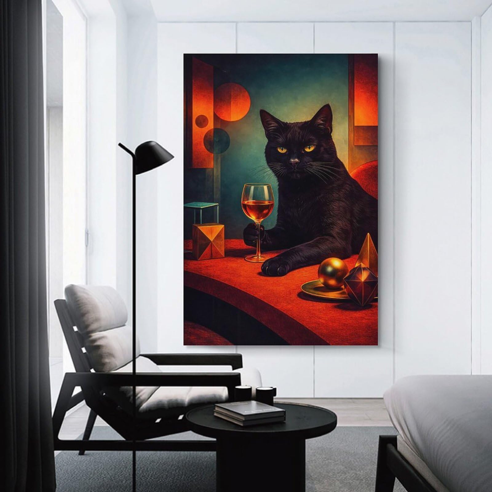 Junmoney Black Cat with Wine Home Decor Wall Art, 12x18inch(30x45cm), for New Homes, Bedrooms Or Workspaces, Gift Idea for Housewarming And Birthdays