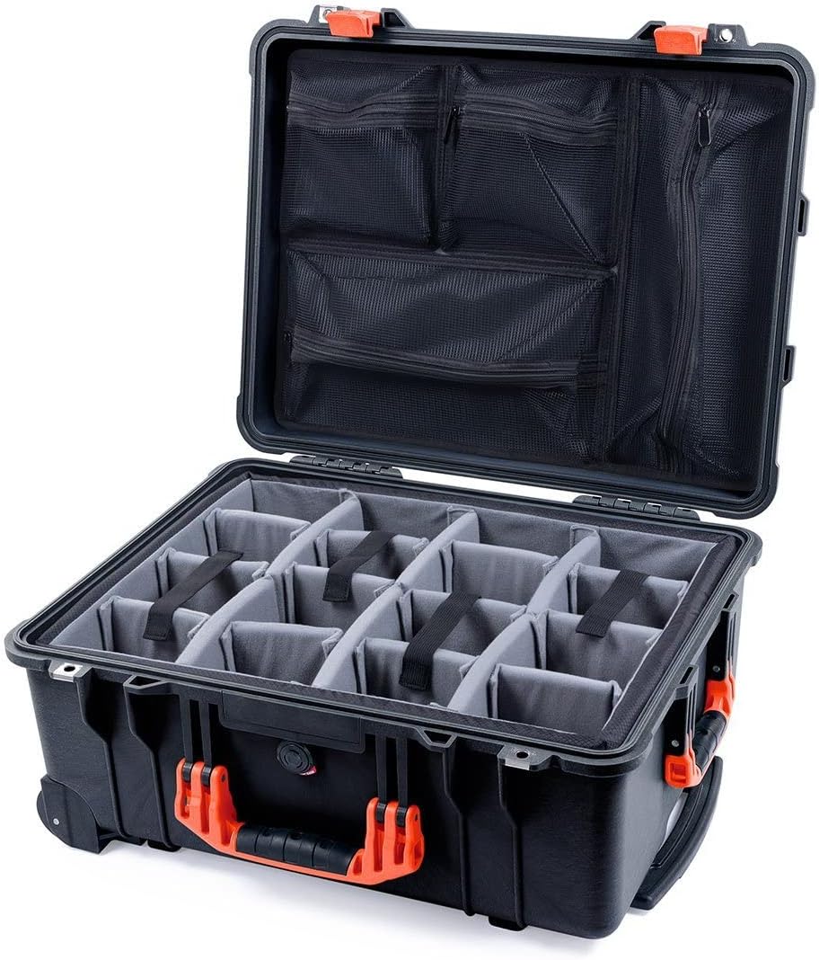 Black Pelican 1560 Protector case. Comes with Grey Padded Dividers & Mesh Lid Organizer - Red Handles & Latches.